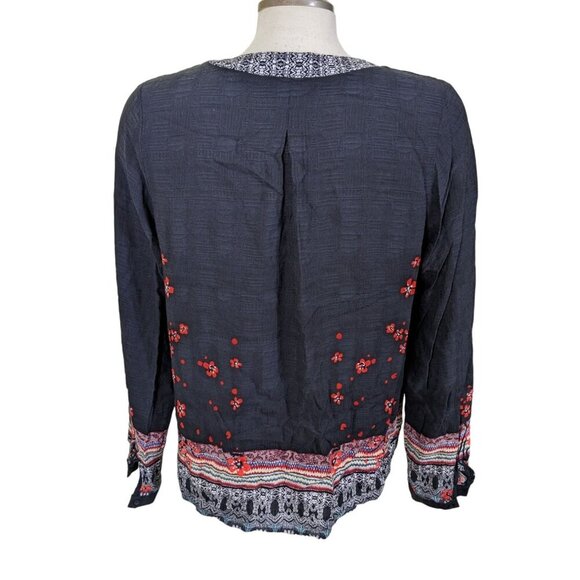 Desigual Top Women Large Black Beaded V Neck Top Long Sleeve Artsy Boho Colorful - Picture 4 of 8